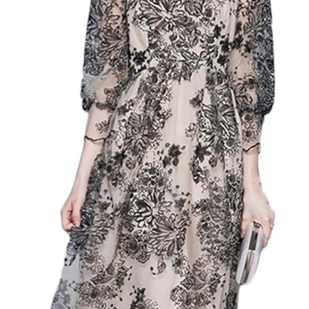 Vicky and Lucas Black Floral Sheer Overlay Midi Dress in Neutral NWT large - Picture 2 of 6